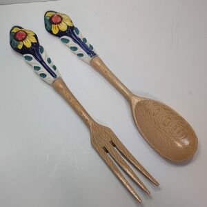 Assisi Serving Spoon & Form Wooden Ceramic HAndle Blue Sunflower Floral Folk Art